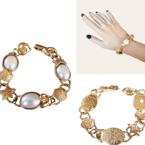 Vintage Gold Tone Hammered Faux Pearl Stafish Seashell Nautical Bracelet - Picture 5 of 14